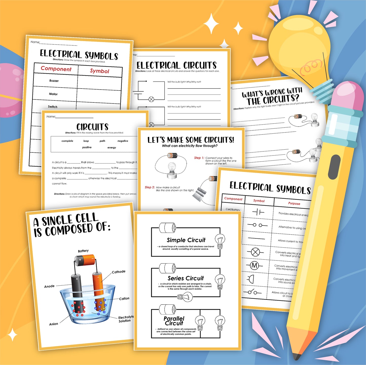 The **Simple Circuits Activity Set** from **Wondermom Shop** is a collection of educational worksheets and guides about simple circuits and electrical components, showcased with a large pencil illustration and a light bulb graphic in the background for hands-on learning.