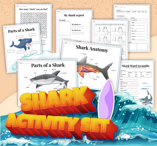 The "Sharks Activity Set" from Wondermom Shop is a beach-themed pack featuring various educational printables about sharks, including shark anatomy, parts of a shark, word scramble, reports, and a word search puzzle—perfect for aspiring marine biologists.