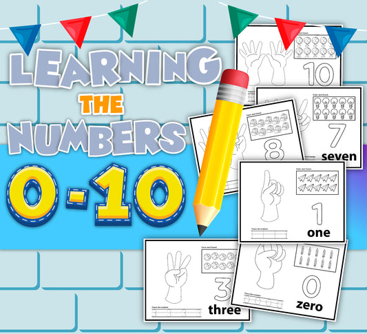 Illustration titled "Numbers Activity Set" from Wondermom Shop, featuring educational worksheets for numbers zero to ten, a large pencil icon, and colorful flags above the title. Perfect for developing early math skills in counting and number recognition.