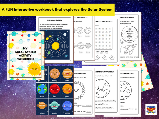 A colorful workbook titled "Solar System Activity Set" from Wondermom Shop, perfect for young astronomers, with educational pages on planets, the sun, moons, and other solar system features.