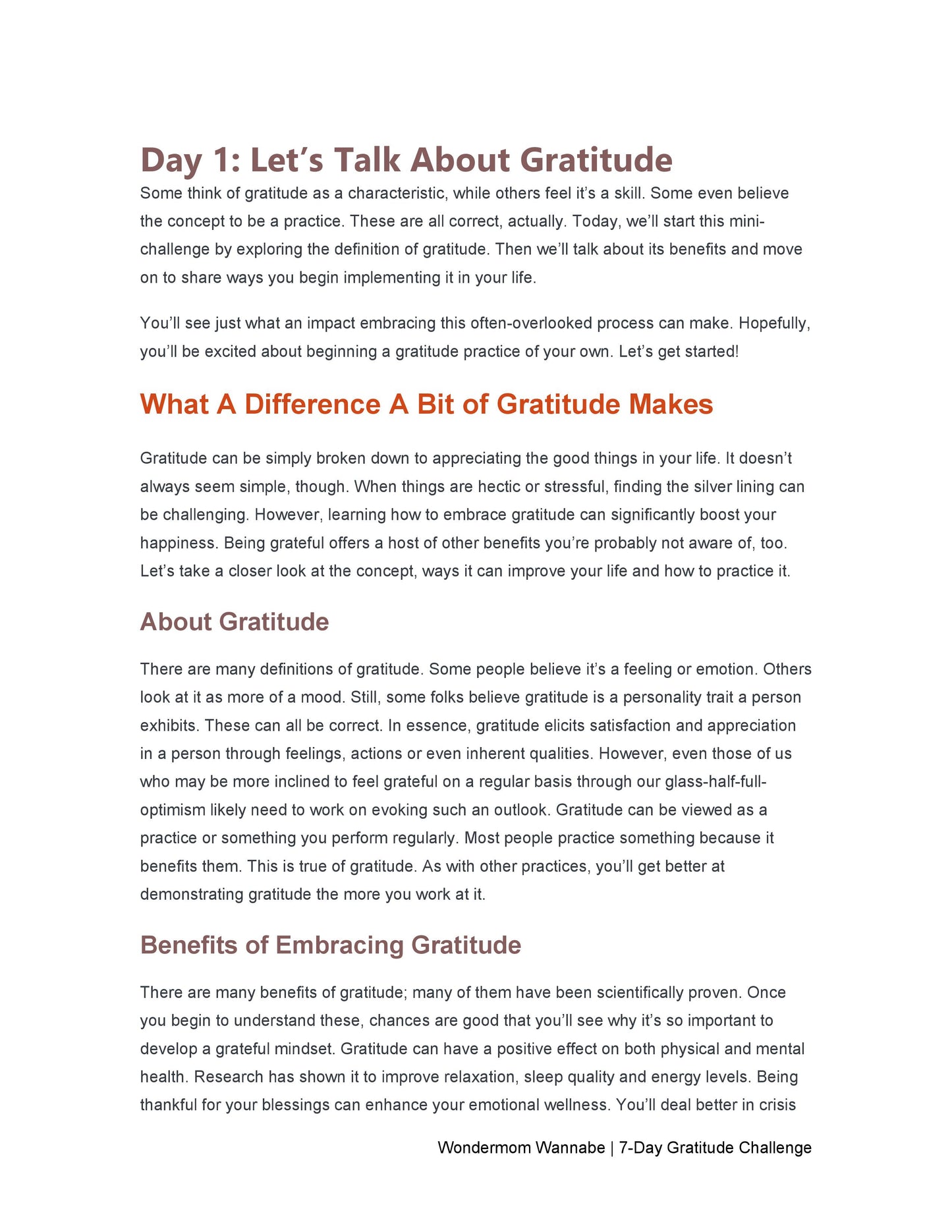 A document titled "Day 1: Let's Talk About Gratitude" discusses the nature of gratitude, its benefits, and introduces the Wondermom Shop's "7-Day Gratitude Journal Ebook," which offers a seven-day challenge designed to help practice and embrace this important mindset.