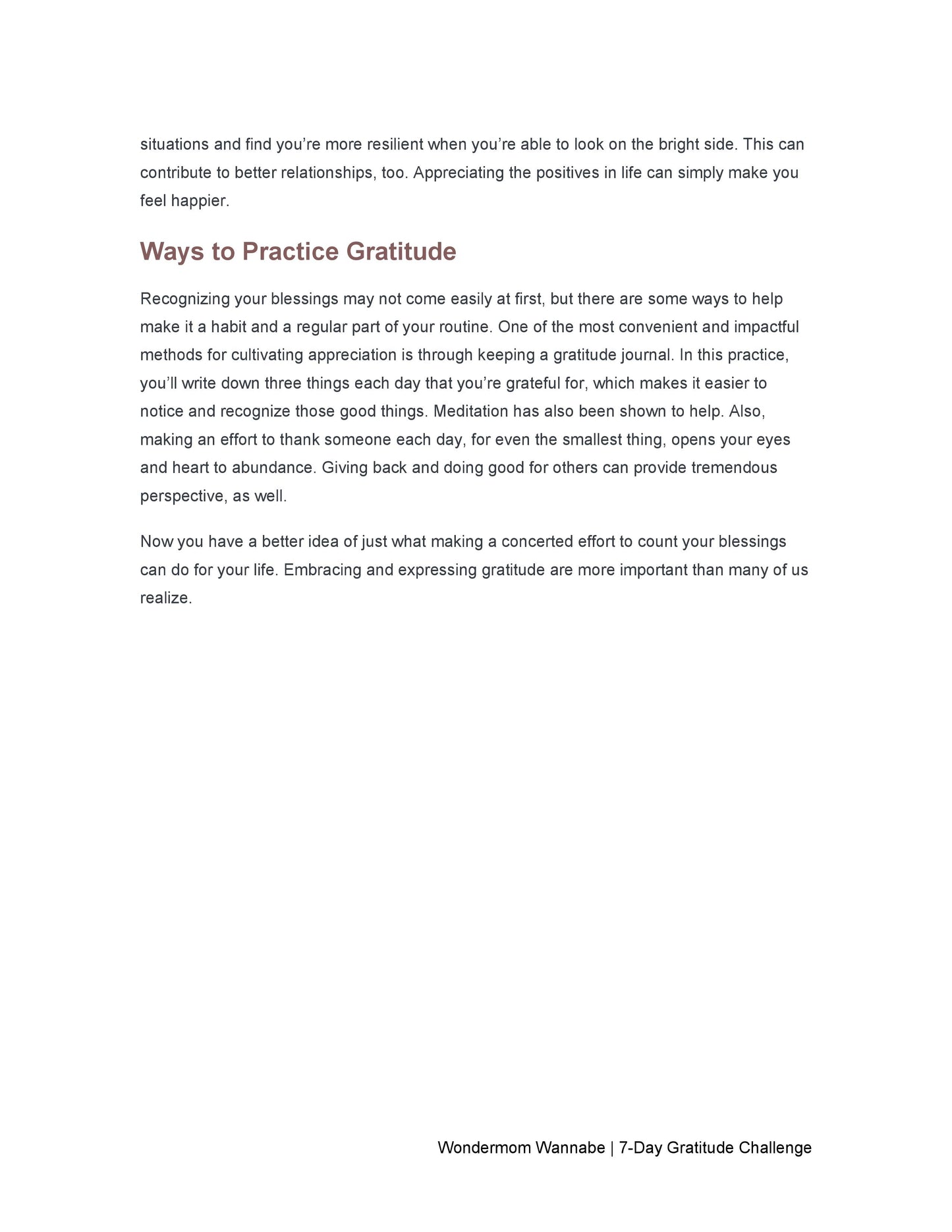 A digital product titled "7-Day Gratitude Journal Ebook" from Wondermom Shop offers text describing methods to practice gratitude and their benefits.