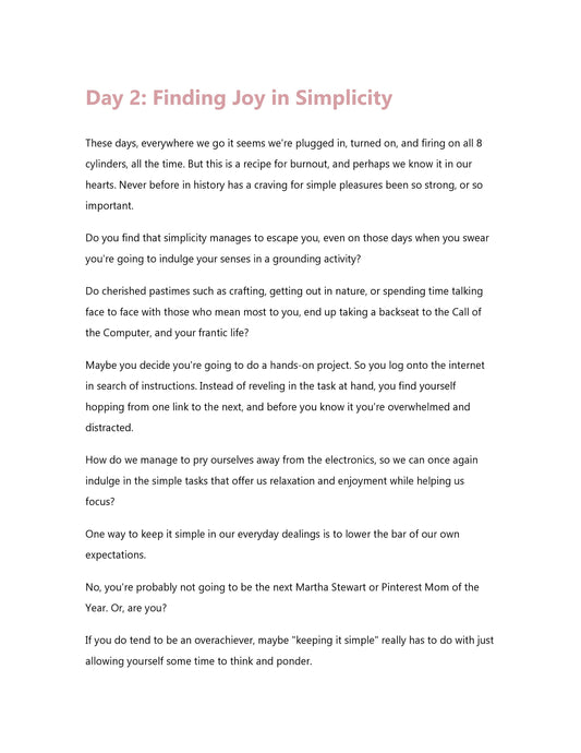 A printed document titled "Day 2: Finding Joy in Simplicity," from the "30 Days of Gratitude Ebook" by Wondermom Shop, discussing managing stress by simplifying daily routines and maintaining an attitude of gratitude.