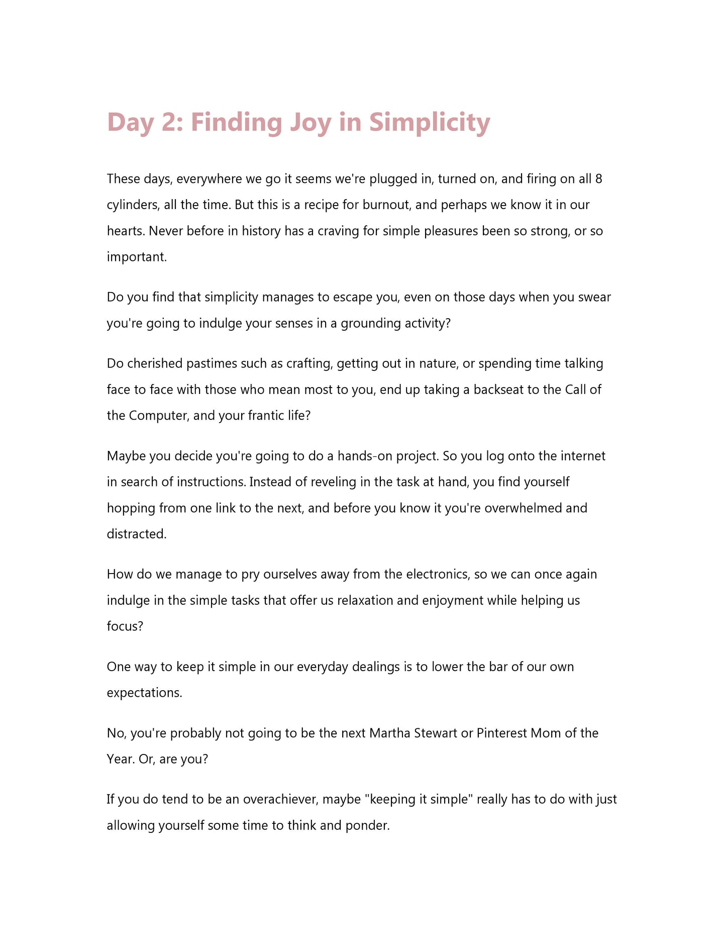 A text document titled "Day 2: Finding Joy in Simplicity" discusses the importance of simplifying daily life tasks to reduce stress and find joy, while also emphasizing the value of personal time. Part of the Wondermom Shop's "30 Days of Gratitude Bundle," it suggests using a Gratitude Journal to capture daily moments that bring happiness.