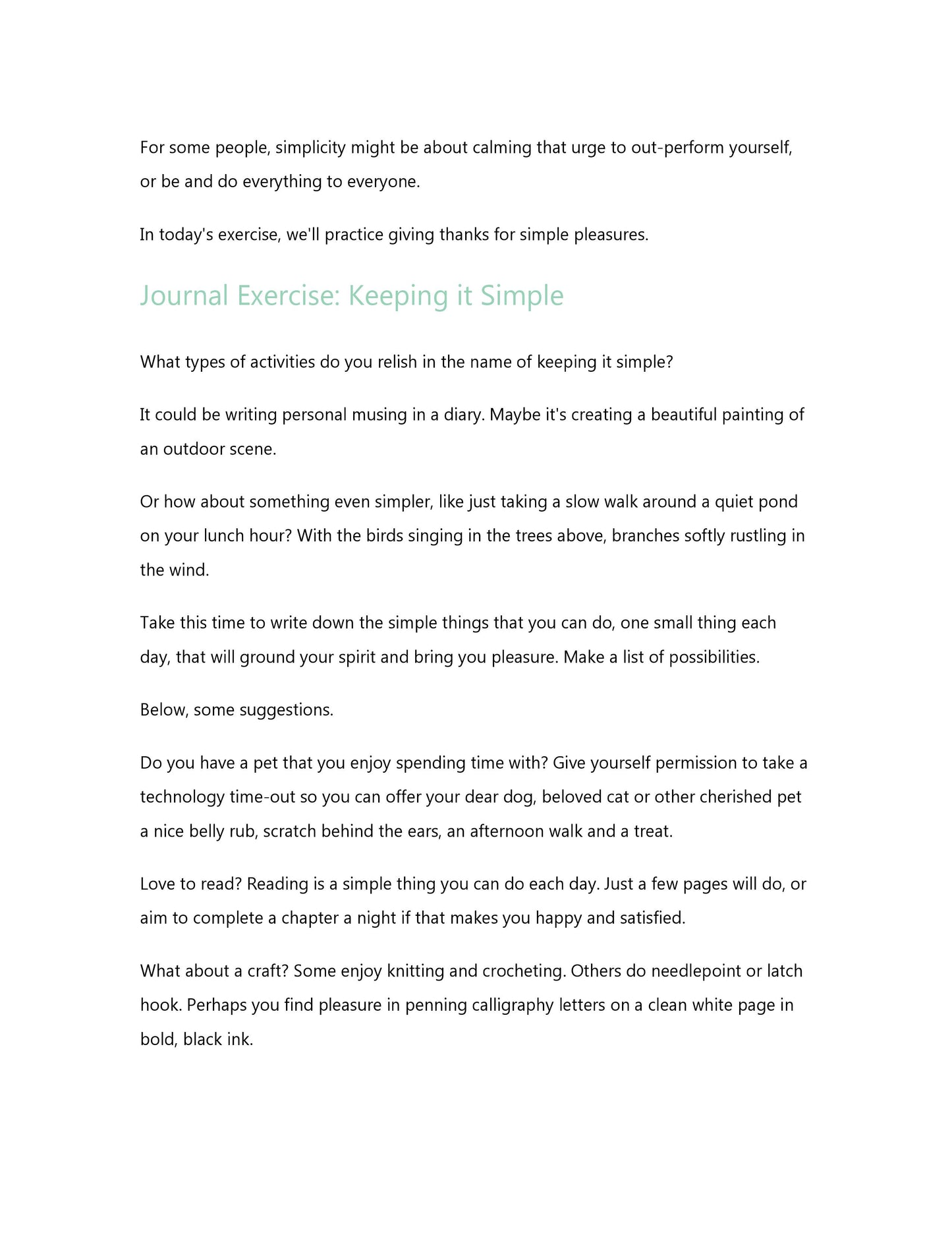 Image of a typed journal exercise about keeping it simple. The exercise encourages recording simple activities that bring joy, such as naps, walks, reading, crafting, or creating art. Perfect for your 30 Days of Gratitude Bundle by Wondermom Shop!