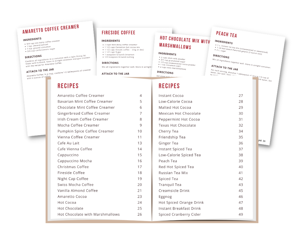 A Drink Mix Gifts in a Jar Digital Cookbook with Printable Gift Tags by Wondermom Wannabe for homemade drink mixes recipes.
