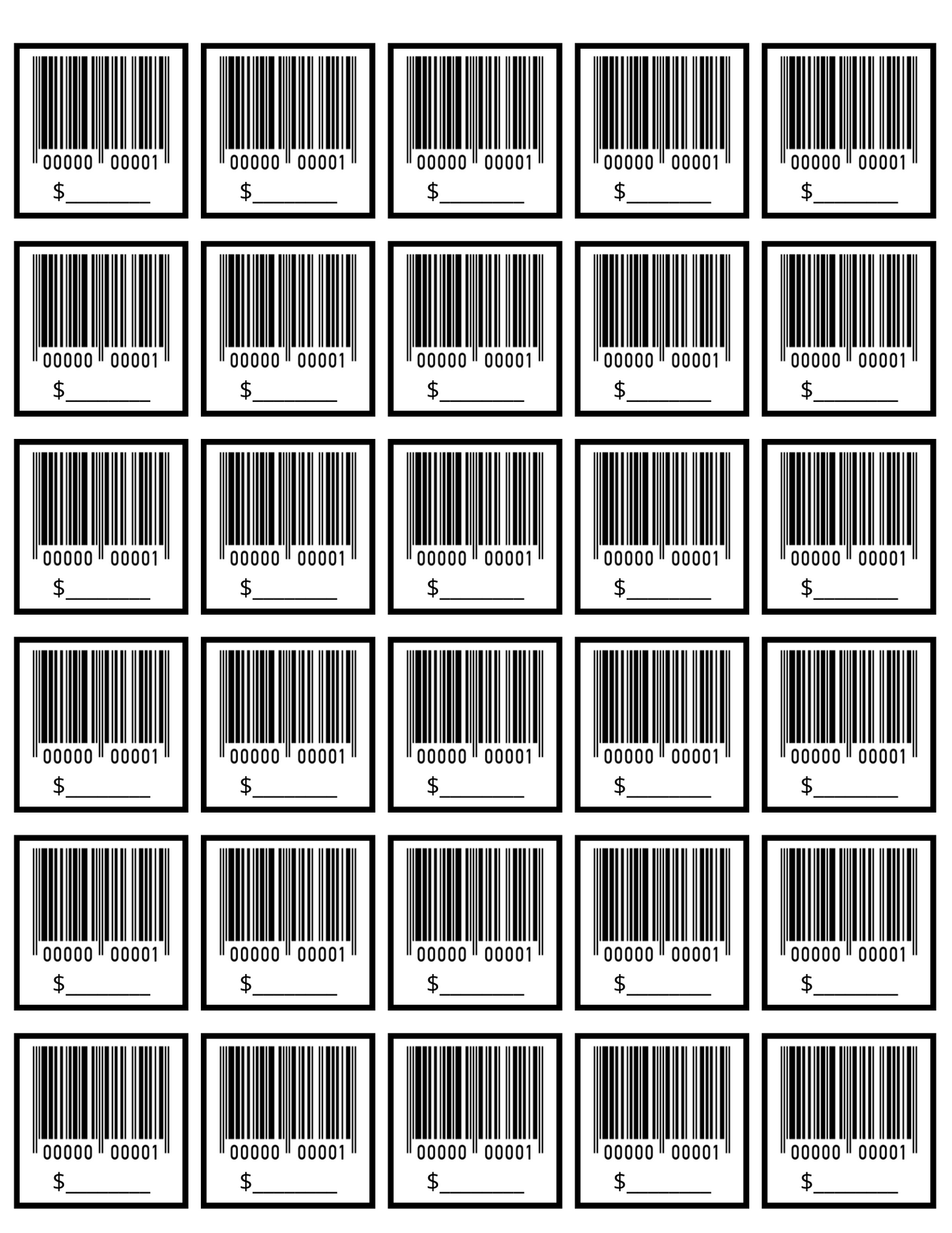 A grid of identical barcode images with blank price tags underneath each one evokes a pretend store atmosphere, making it ideal for the Grocery Store Pretend Play Kit from Wondermom Shop to help children learn grocery shopping.