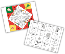 Load image into Gallery viewer, Two printable activities featuring paper fortune tellers (cootie catchers), one with a Christmas-themed design and the other adorned with various geometric shapes, offered as the Wondermom Shop&#39;s Christmas Kids Activities Bundle.
