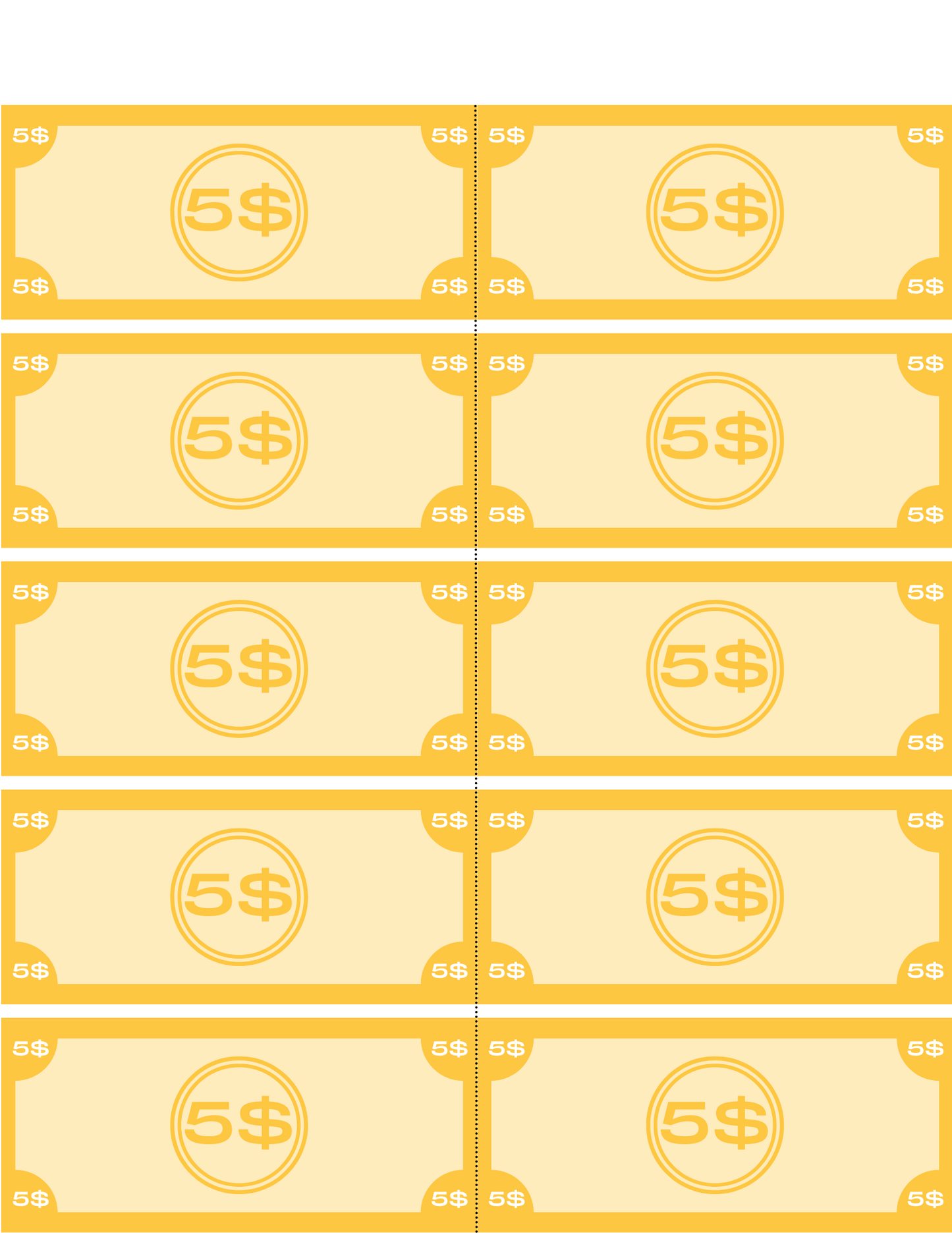 A grid of ten five-dollar bills in yellow, organized in two columns and five rows, ideal for the Wondermom Shop's Grocery Store Pretend Play Kit where children can experience grocery shopping.