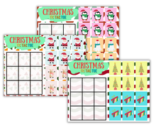 Load image into Gallery viewer, Assorted Christmas-themed printable tic-tac-toe game sheets with festive symbols and characters from the Wondermom Shop Christmas Kids Activities Bundle.
