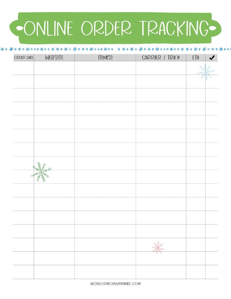 A The Most Wonderful Time of the Year Christmas Planner featuring an online order tracking sheet with a snowflake on it from Wondermom Shop.