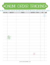 Load image into Gallery viewer, A The Most Wonderful Time of the Year Christmas Planner featuring an online order tracking sheet with a snowflake on it from Wondermom Shop.
