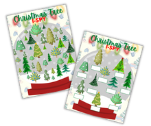 Load image into Gallery viewer, Two variations of a Christmas-themed &quot;i spy&quot; activity sheet with a place for answers, designed as printable activities and digital product from Wondermom Shop&#39;s Christmas Kids Activities Bundle.
