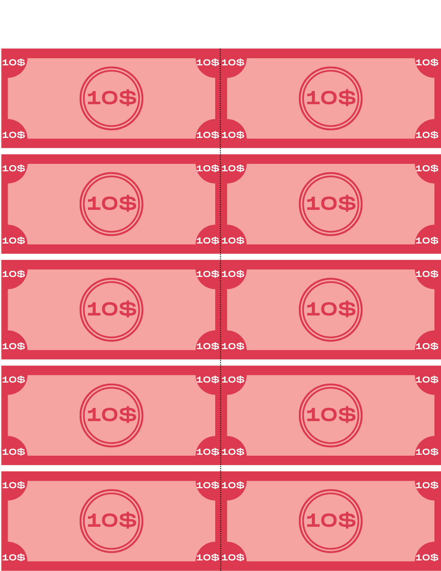 Illustration featuring ten red $10 bills from Wondermom Shop's Grocery Store Pretend Play Kit, arranged in two columns with five bills each. This setup is ideal for helping children learn about grocery shopping by making the pretend store experience feel realistic.