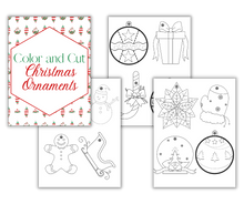 Load image into Gallery viewer, Black and white Christmas Kids Activities Bundle: coloring sheets with a title saying &quot;color and cut Christmas ornaments&quot; by Wondermom Shop.
