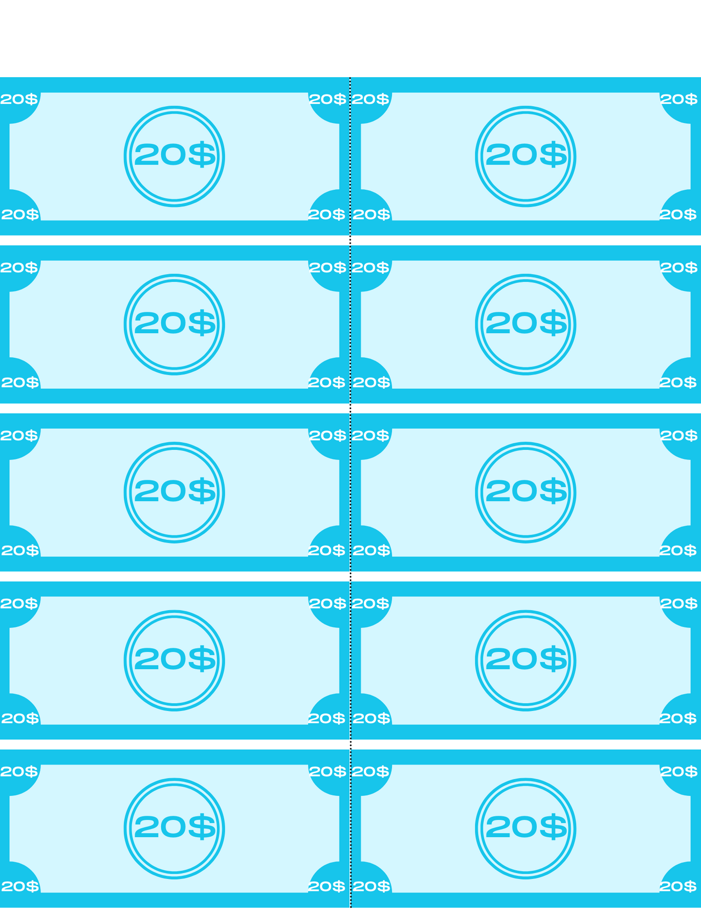 Eight blue and white $20 bills are arranged in two columns, making them a perfect addition to the Wondermom Shop's Grocery Store Pretend Play Kit, designed to enhance children's learning about money.