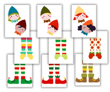 Load image into Gallery viewer, Various illustrations of whimsical elf characters and colorful legs in striped stockings and fantasy shoes, perfect for Wondermom Shop&#39;s Christmas Kids Activities Bundle.

