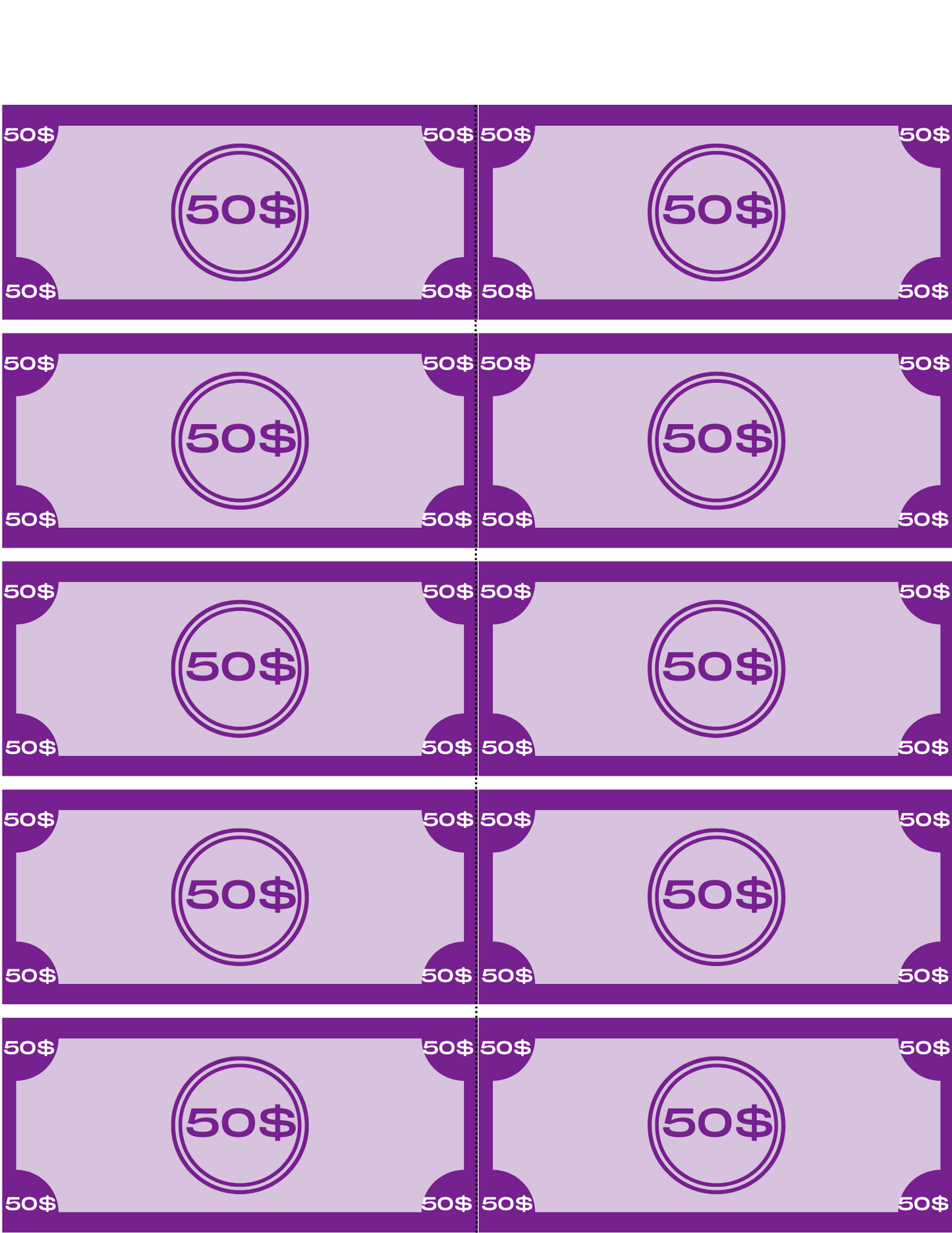 Ten pretend purple 50-dollar bills are arranged in two columns, making them ideal for a children's learning activity included in the Wondermom Shop's Grocery Store Pretend Play Kit.