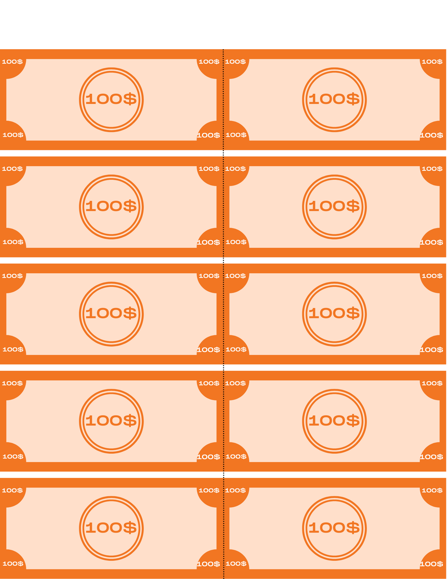An image of ten $100 bills in orange and beige, perfectly designed for the Wondermom Shop's Grocery Store Pretend Play Kit, arranged neatly in two columns and five rows. Ideal for children to learn about money through imaginative play.