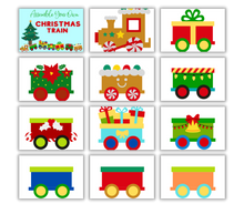 Load image into Gallery viewer, A colorful illustration of a &quot;Christmas Kids Activities Bundle&quot; with various festive train cars and decorations, outlined as a Christmas-themed digital product for printable activities from Wondermom Shop.
