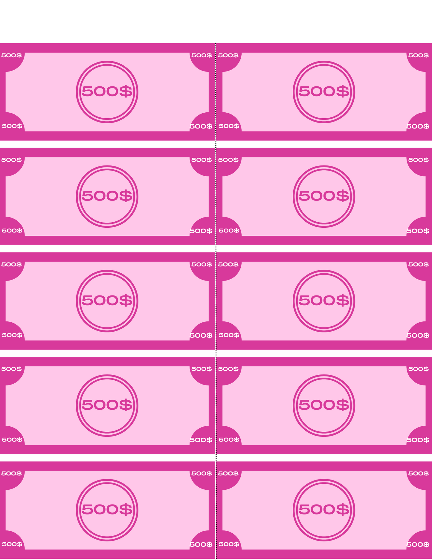 Illustration of ten identical pink $500 Monopoly bills arranged in two columns and five rows, ideal for enhancing the realism of Wondermom Shop's Grocery Store Pretend Play Kit, aiding children in learning grocery shopping through imaginative play.