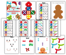 Load image into Gallery viewer, Colorful digital Christmas Kids Activities Bundle including Christmas-themed game components for a gingerbread-themed board game, such as cards, dice, and tokens by Wondermom Shop.
