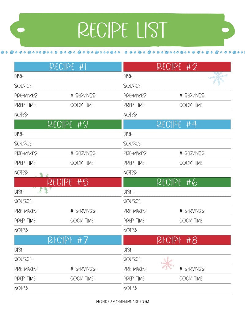 The Most Wonderful Time of the Year Christmas Planner from Wondermom Shop featuring a printable recipe list for holiday prep and menu planning.