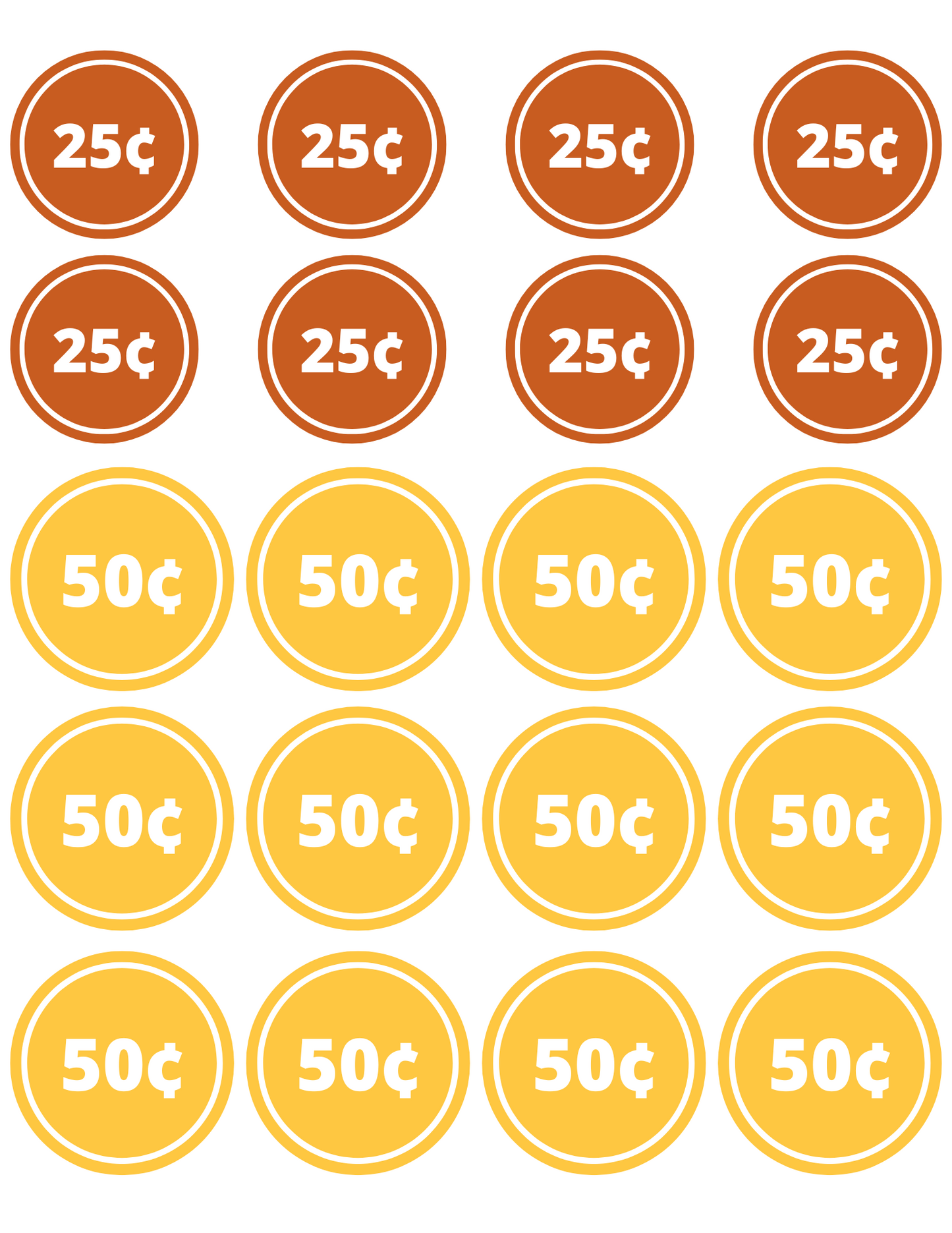Brown and yellow circles are arranged in a grid, alternating between ten brown circles with "25¢" and ten yellow circles with "50¢." These elements are part of the Grocery Store Pretend Play Kit by Wondermom Shop, designed to make pretend play feel authentic while teaching children grocery shopping skills.