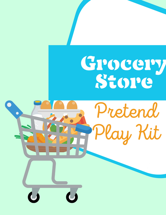 Illustration of the Wondermom Shop Grocery Store Pretend Play Kit showcasing a toy shopping cart filled with imitation groceries such as eggs, milk, bread, and vegetables. This set encourages children's learning through imaginative play.