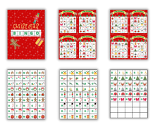 Load image into Gallery viewer, A collection of Christmas-themed bingo cards and tiles with holiday symbols, available as a digital product for printable activities from Wondermom Shop&#39;s Christmas Kids Activities Bundle.
