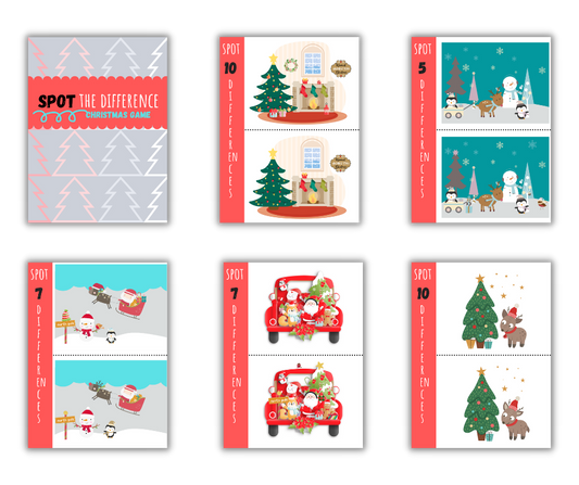 A collage of "spot the difference" Christmas-themed game cards featuring various festive scenes and objects, perfect as Wondermom Shop's Christmas Kids Activities Bundle printable activities.