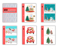 Load image into Gallery viewer, A collage of &quot;spot the difference&quot; Christmas-themed game cards featuring various festive scenes and objects, perfect as Wondermom Shop&#39;s Christmas Kids Activities Bundle printable activities.
