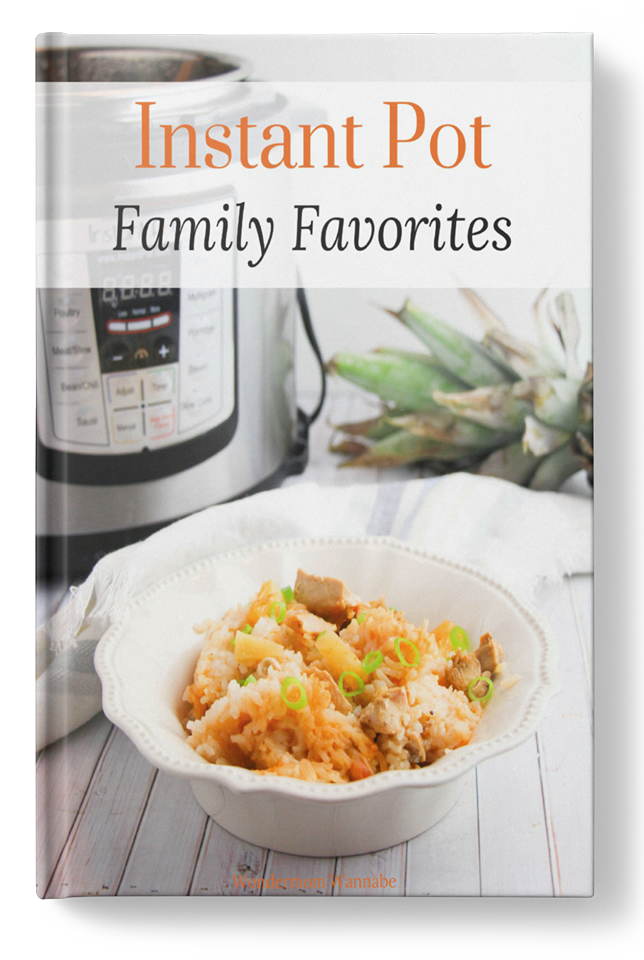 A Wondermom Wannabe Instant Pot Family Favorites Digital Cookbook with a bowl of rice and pineapple.