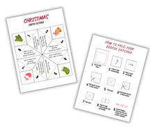 Load image into Gallery viewer, Printable activities: Christmas-themed cootie catcher with folding instructions, available as a digital product from Wondermom Shop&#39;s Christmas Kids Activities Bundle.
