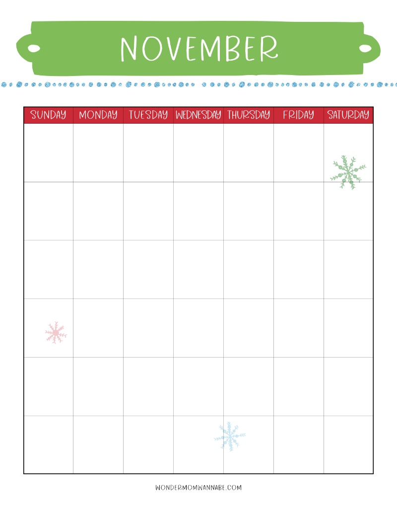 A printable November calendar with snowflakes on it, perfect for holiday prep and The Most Wonderful Time of the Year Christmas Planner by Wondermom Shop.