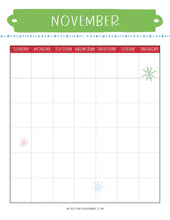 Load image into Gallery viewer, A printable November calendar with snowflakes on it, perfect for holiday prep and The Most Wonderful Time of the Year Christmas Planner by Wondermom Shop.
