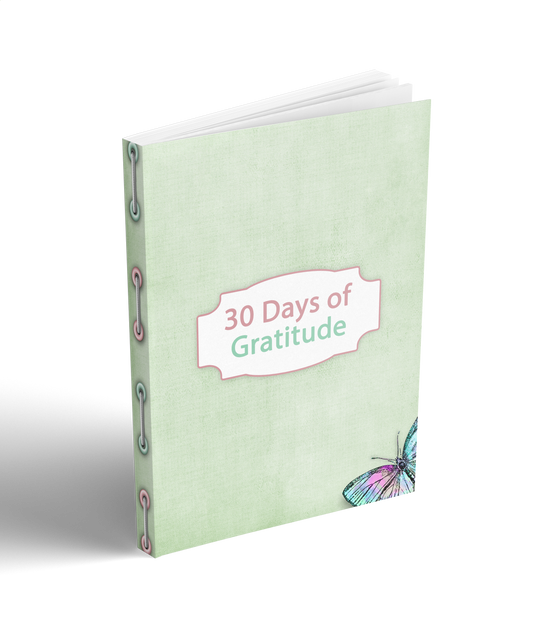 The "30 Days of Gratitude Ebook" by Wondermom Shop is a light green digital book featuring a butterfly illustration and multi-colored binder rings along the spine, packed with insightful journal prompts to cultivate an attitude of gratitude.
