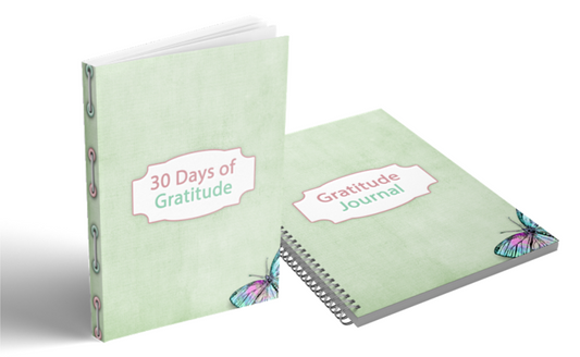 Two gratitude journals from Wondermom Shop are shown. The first, part of the "30 Days of Gratitude Bundle," features a hardcover, while the second is a digital product titled "Gratitude Journal" with spiral binding and butterfly accents on both covers.