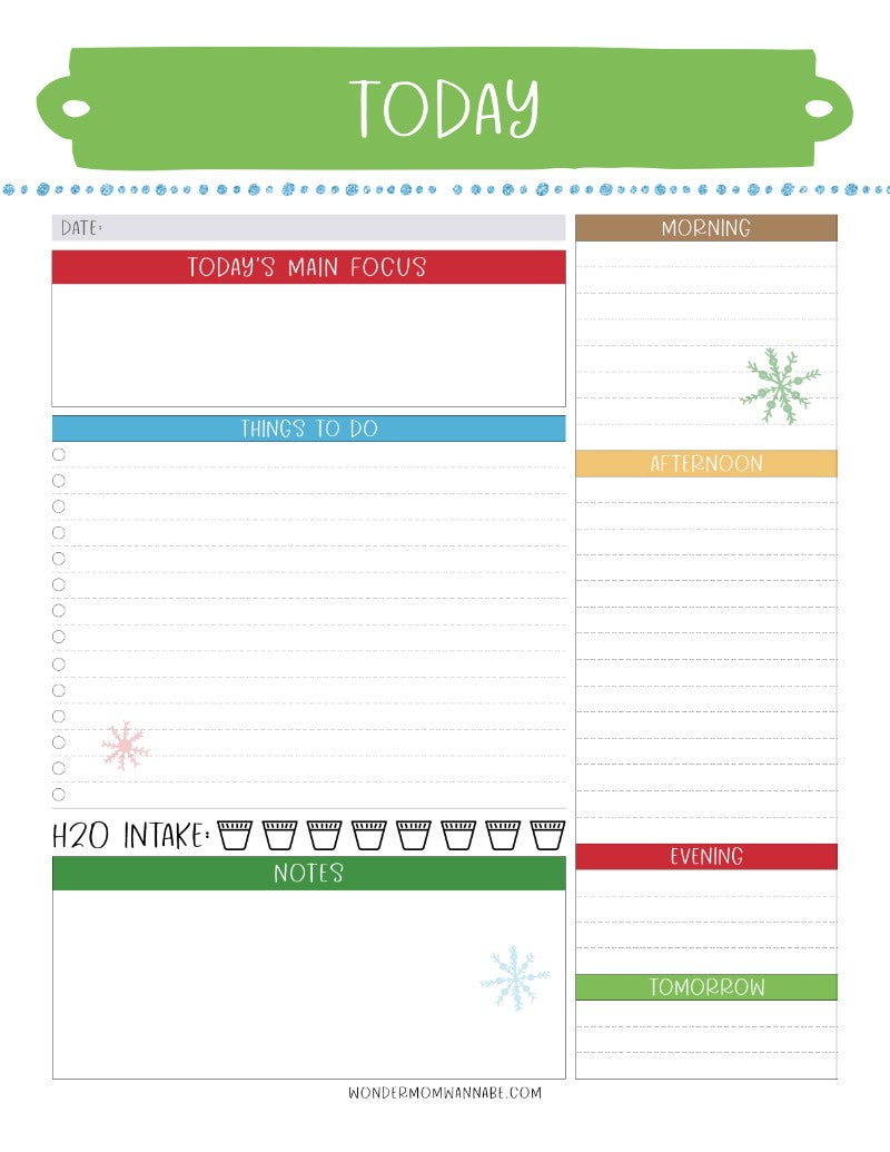 A printable Christmas planner, The Most Wonderful Time of the Year Christmas Planner, from Wondermom Shop with the words today for menu planning and holiday prep.
