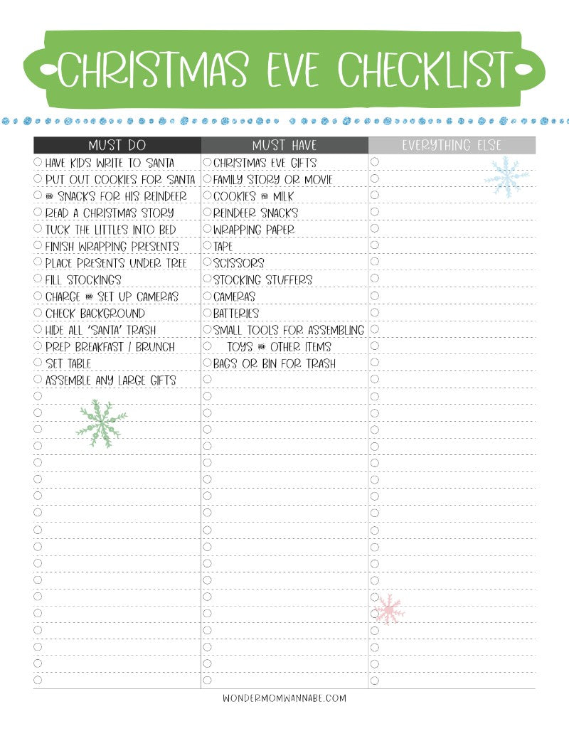 Christmas eve checklist printable for The Most Wonderful Time of the Year Christmas Planner by Wondermom Shop for holiday prep and menu planning.