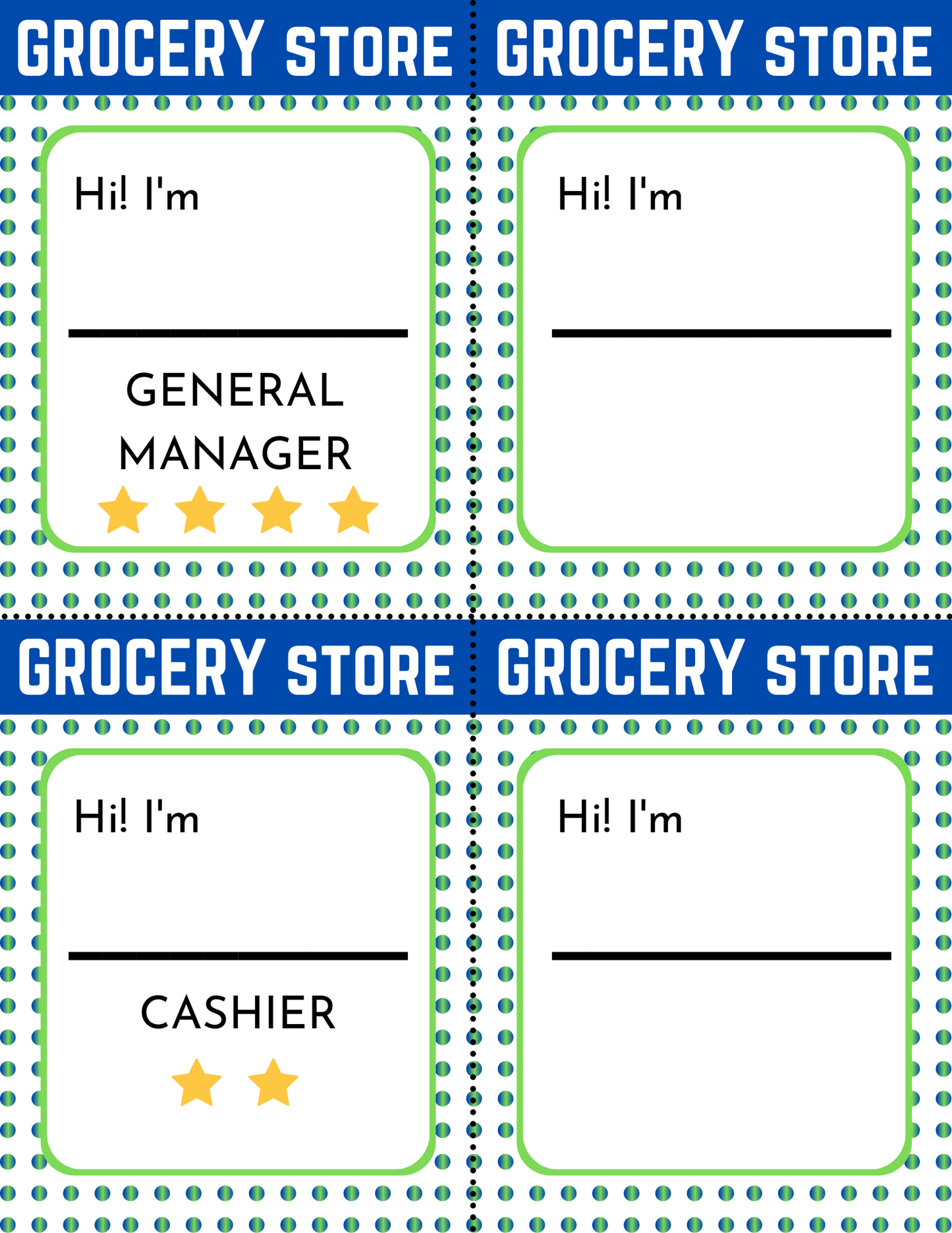 The Wondermom Shop Grocery Store Pretend Play Kit comes with name badges that are ideal for children learning about real-world roles. It features title badges adorned with three stars for General Manager and two stars for Cashier, along with blank digital badges that can be personalized. This kit adds an enjoyable element to imaginative play.