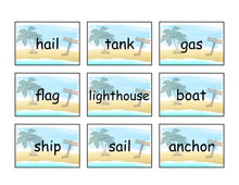 Load image into Gallery viewer, Illustrations of beach scenes with signs displaying various words associated with water or the ocean, such as &quot;ship,&quot; &quot;sail,&quot; and &quot;anchor,&quot; perfect for a printable Wondermom Wannabe Treasure Seekers Game.

