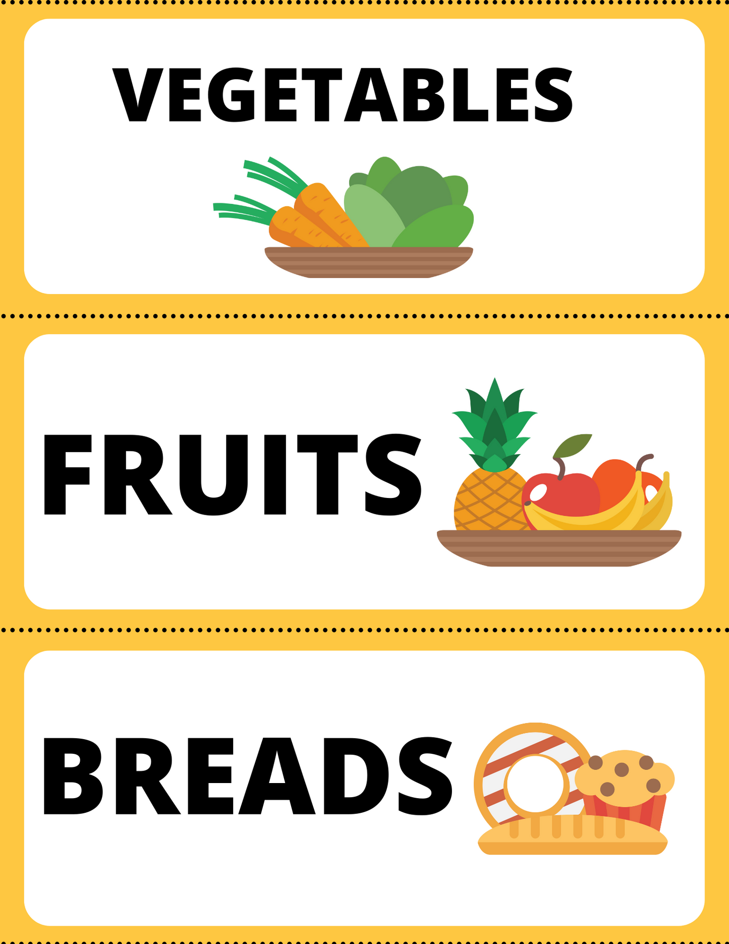 Discover the Wondermom Shop's Grocery Store Pretend Play Kit, featuring illustrated signs for different market sections: Vegetables with greens and carrots, Fruits with a pineapple and apples, and Breads displaying a baguette and muffin. Perfect for children learning through imaginative play.