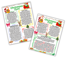 Load image into Gallery viewer, Two colorful Christmas-themed digital Christmas Kids Activities Bundle flyers with descriptions of holiday games and printable activities contests from Wondermom Shop.

