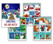 Load image into Gallery viewer, A digital product featuring a printable activities graphic of a &#39;Christmas-themed mix and match&#39; game with various holiday-themed tiles featuring Santa, gifts, ornaments, and a tree to be paired together called the Christmas Kids Activities Bundle by Wondermom Shop.
