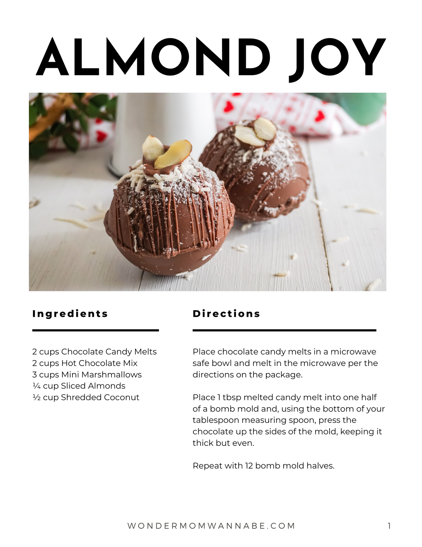 Two chocolate hot cocoa bombs with almonds and coconut rest on a white surface—perfect for gifting. The Wondermom Wannabe Hot Cocoa Bombs Recipe Book, featuring this Almond Joy flavor, is shown below the image.