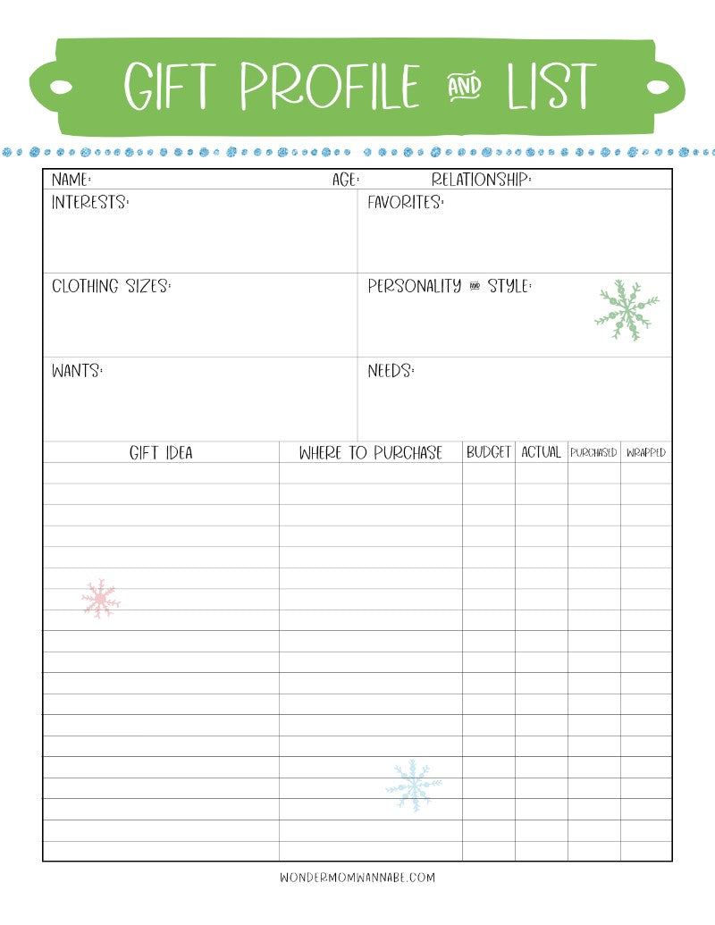 A The Most Wonderful Time of the Year Christmas Planner gift profile template with a list of gifts from Wondermom Shop.
