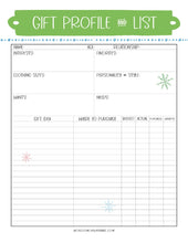 Load image into Gallery viewer, A The Most Wonderful Time of the Year Christmas Planner gift profile template with a list of gifts from Wondermom Shop.

