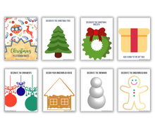 Load image into Gallery viewer, Eight Christmas Kids Activities Bundle illustrations depicting various Christmas-themed activities and decorations such as decorating a Christmas tree, making a wreath, wrapping a gift, and creating gingerbread houses and snowmen by Wondermom Shop.
