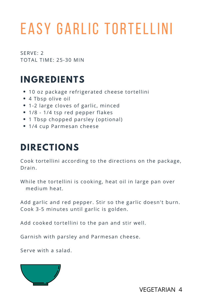 Easy Wondermom Wannabe vegetarian garlic tortellini recipe. Ideal for college students.